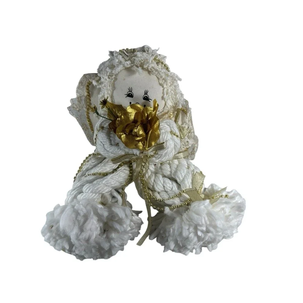 Vintage Yarn Christmas Angel Doll White Gold Shelf Sitter Handmade Holiday Decor